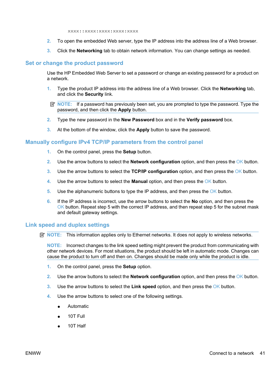 Set or change the product password, Link speed and duplex settings | HP LaserJet Pro CP1525nw Color Printer User Manual | Page 55 / 202