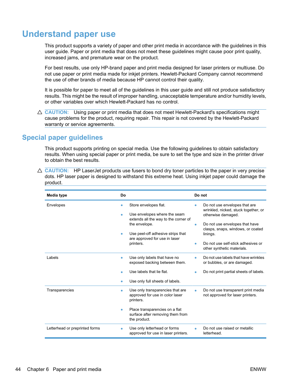 Understand paper use, Special paper guidelines | HP LaserJet Pro CP1525nw Color Printer User Manual | Page 58 / 202