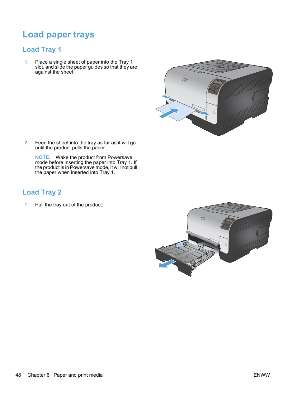 Load paper trays, Load tray 1, Load tray 2 | Load tray 1 load tray 2 | HP LaserJet Pro CP1525nw Color Printer User Manual | Page 62 / 202