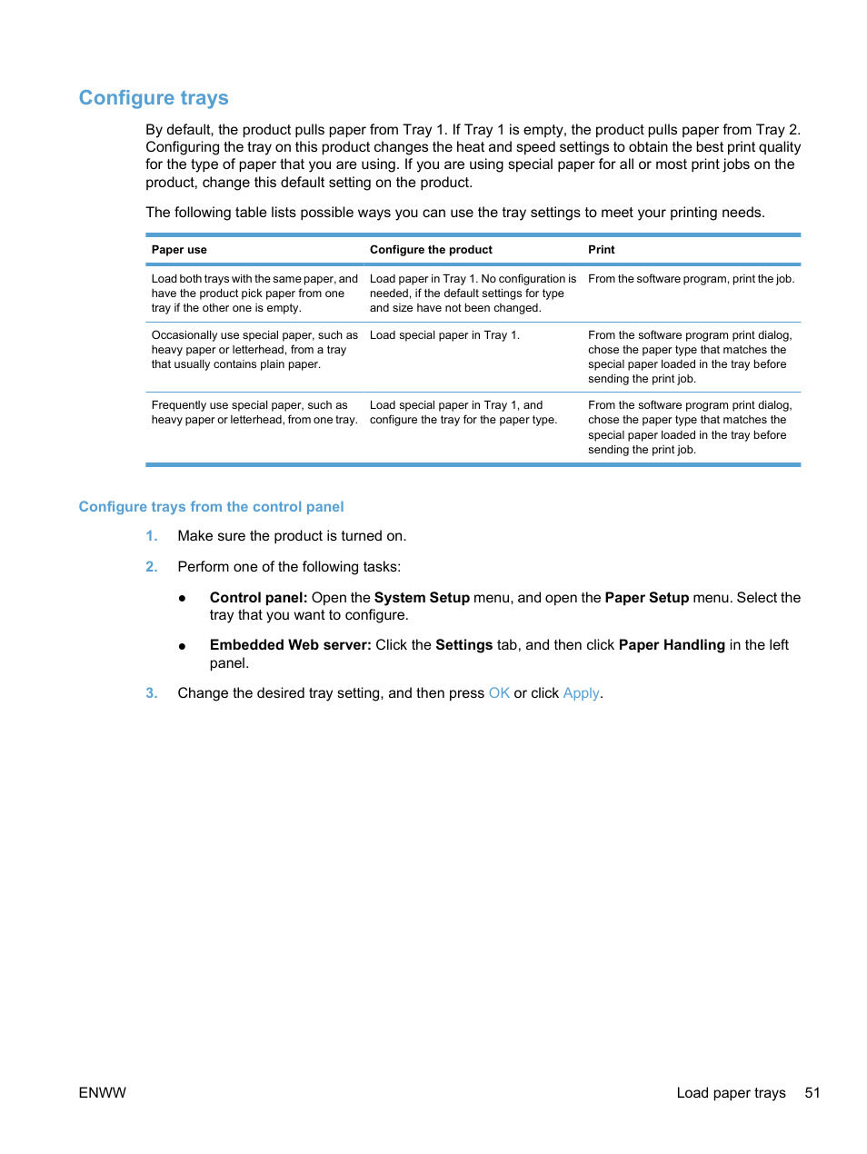 Configure trays | HP LaserJet Pro CP1525nw Color Printer User Manual | Page 65 / 202