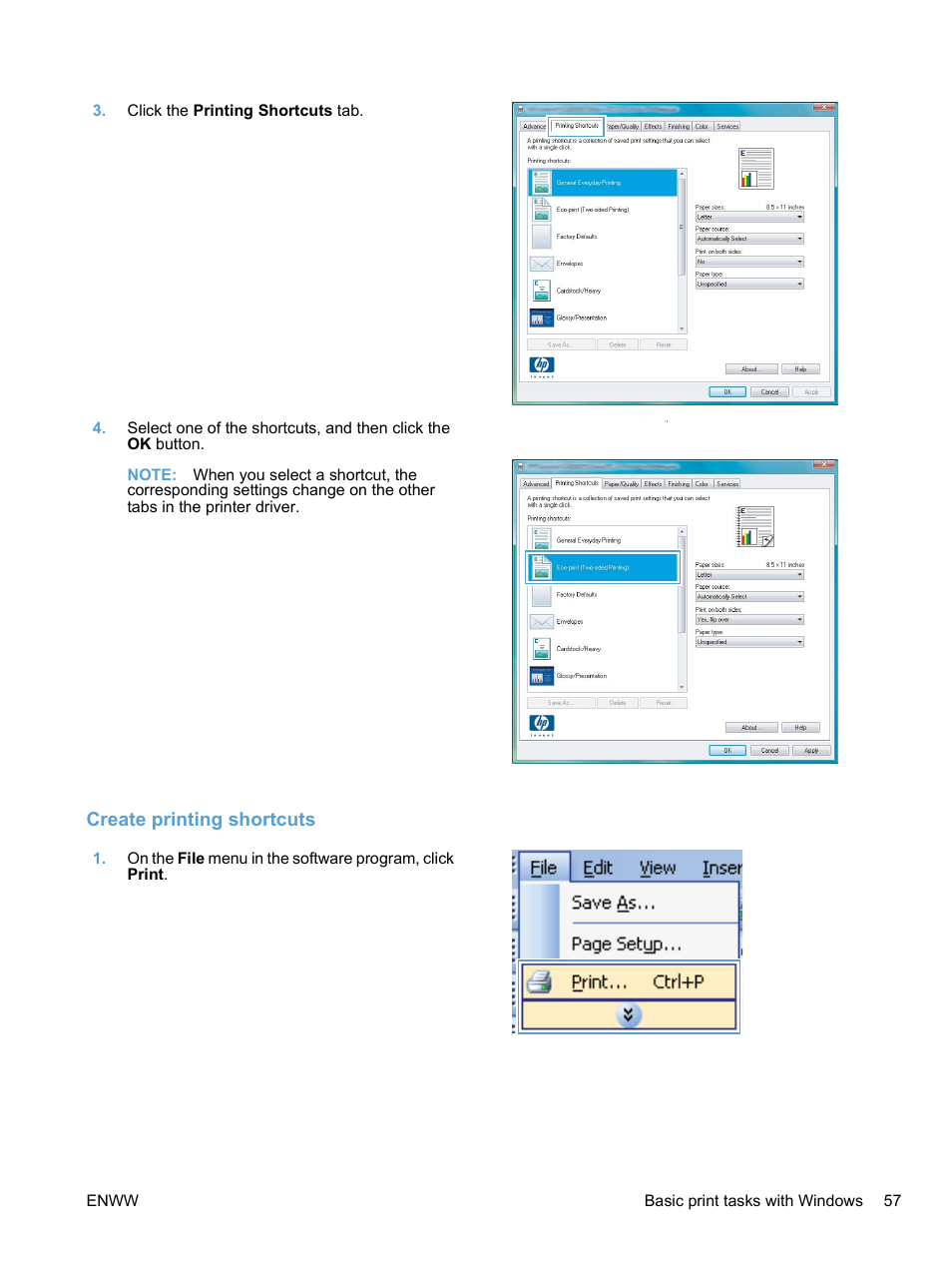 Create printing shortcuts | HP LaserJet Pro CP1525nw Color Printer User Manual | Page 71 / 202