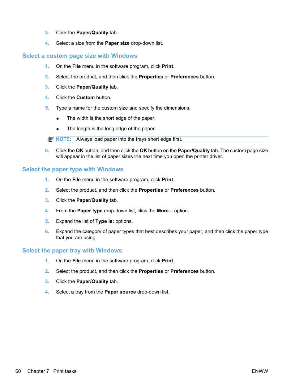 Select the paper type with windows, Select the paper tray with windows | HP LaserJet Pro CP1525nw Color Printer User Manual | Page 74 / 202