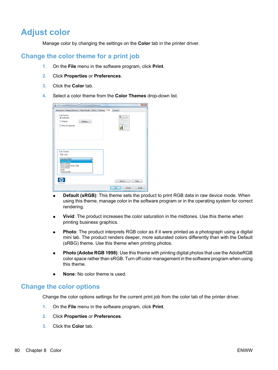 Adjust color, Change the color theme for a print job, Change the color options | HP LaserJet Pro CP1525nw Color Printer User Manual | Page 94 / 202