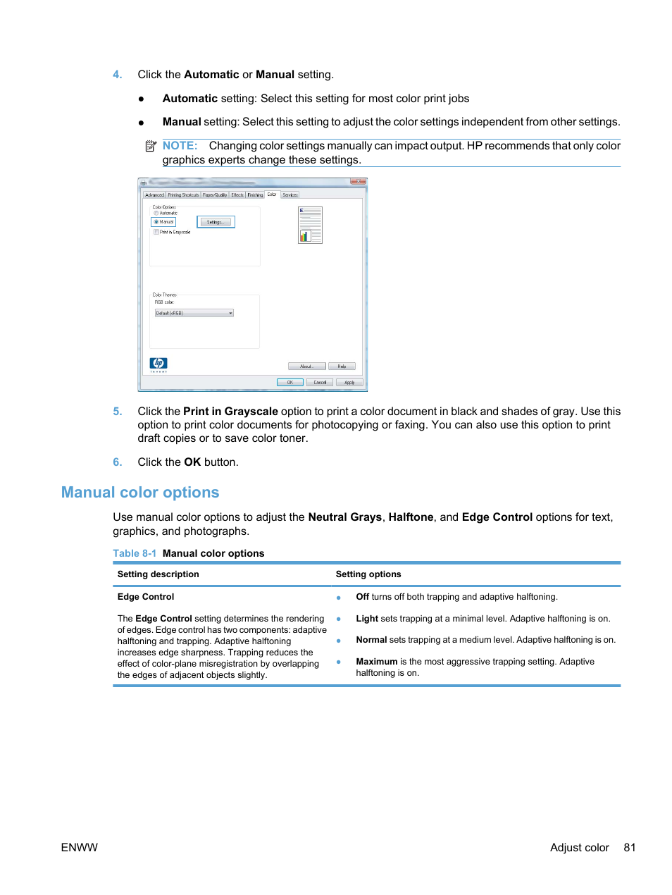 Manual color options | HP LaserJet Pro CP1525nw Color Printer User Manual | Page 95 / 202