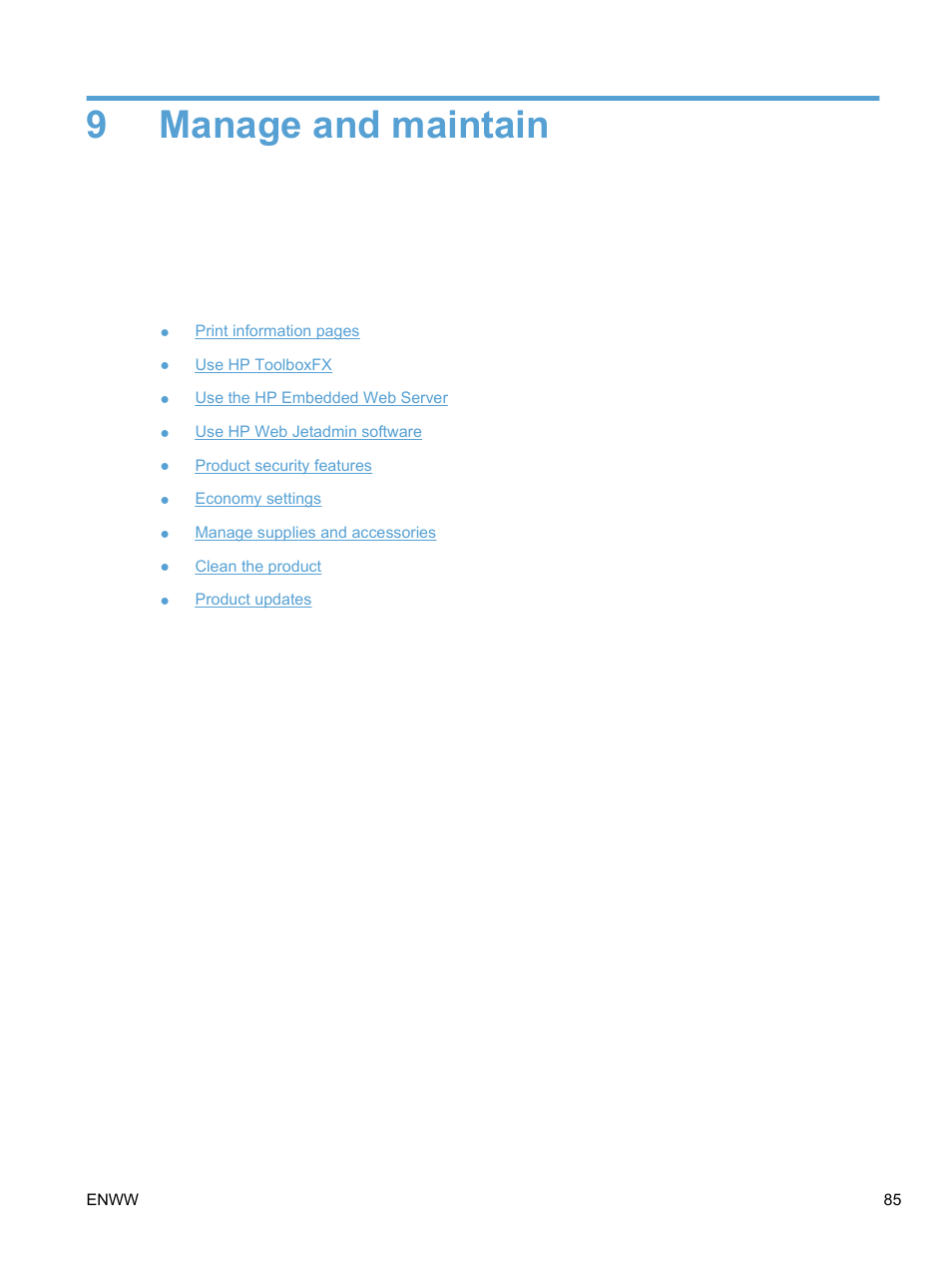 Manage and maintain, 9 manage and maintain, 9manage and maintain | HP LaserJet Pro CP1525nw Color Printer User Manual | Page 99 / 202