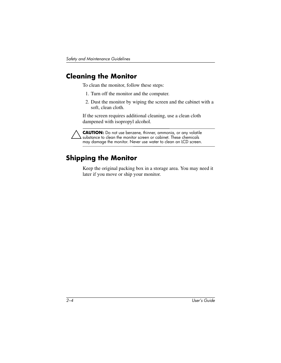 Cleaning the monitor, Shipping the monitor | HP Pavilion f1523 15 inch Flat Panel Monitor User Manual | Page 11 / 44