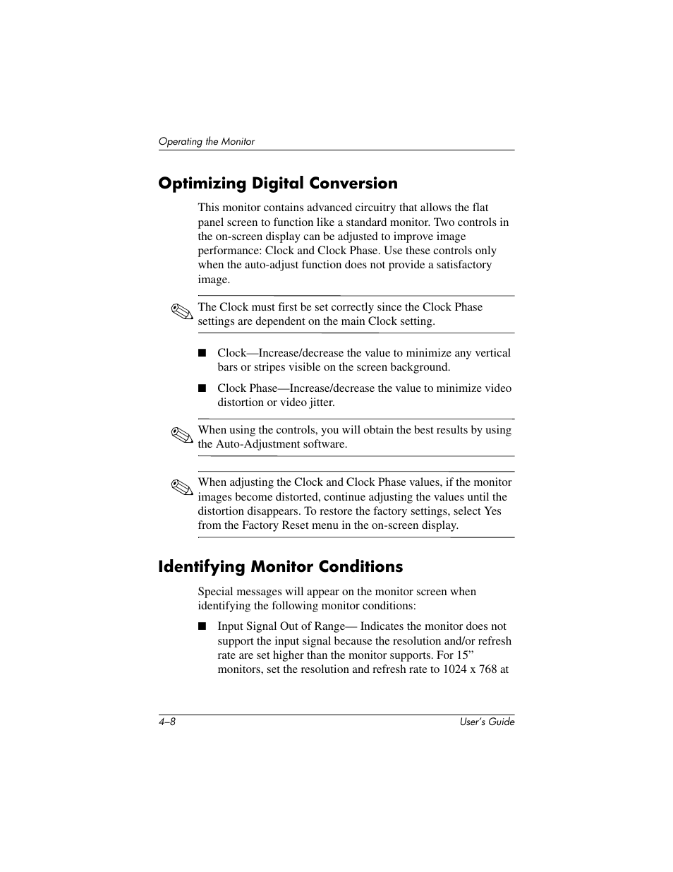 Optimizing digital conversion, Identifying monitor conditions | HP Pavilion f1523 15 inch Flat Panel Monitor User Manual | Page 27 / 44