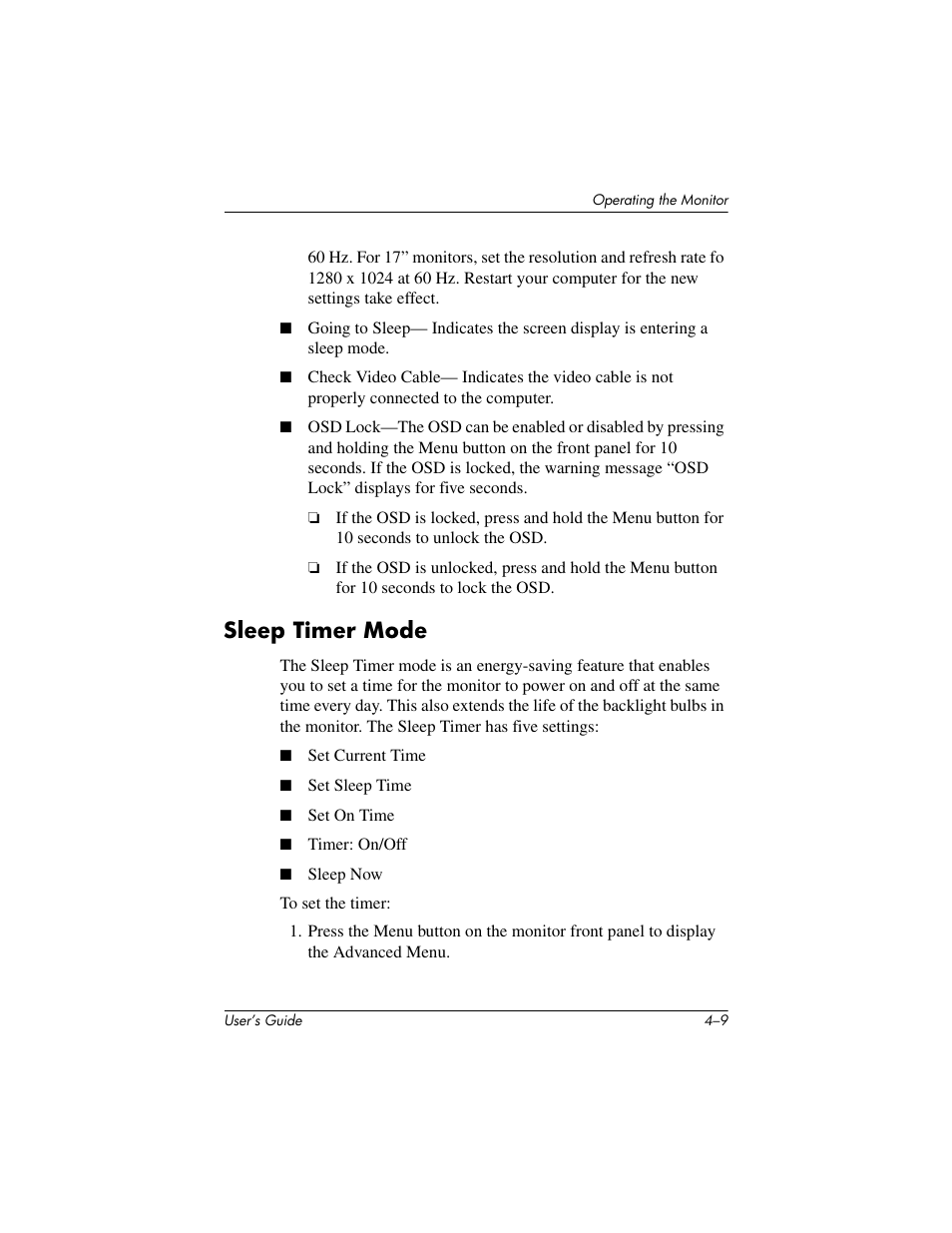 Sleep timer mode | HP Pavilion f1523 15 inch Flat Panel Monitor User Manual | Page 28 / 44