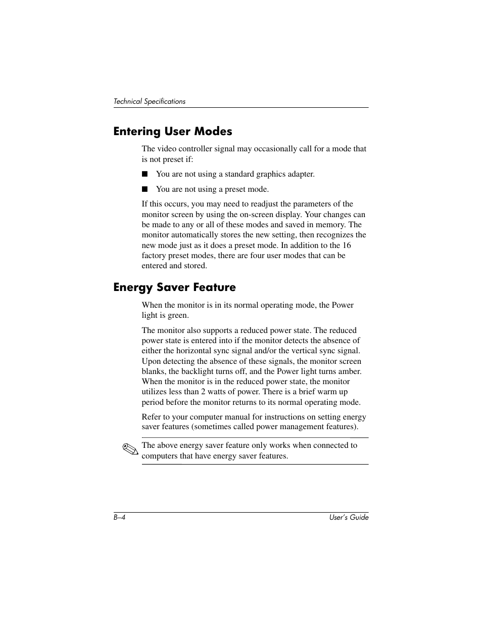 Entering user modes, Energy saver feature | HP Pavilion f1523 15 inch Flat Panel Monitor User Manual | Page 36 / 44