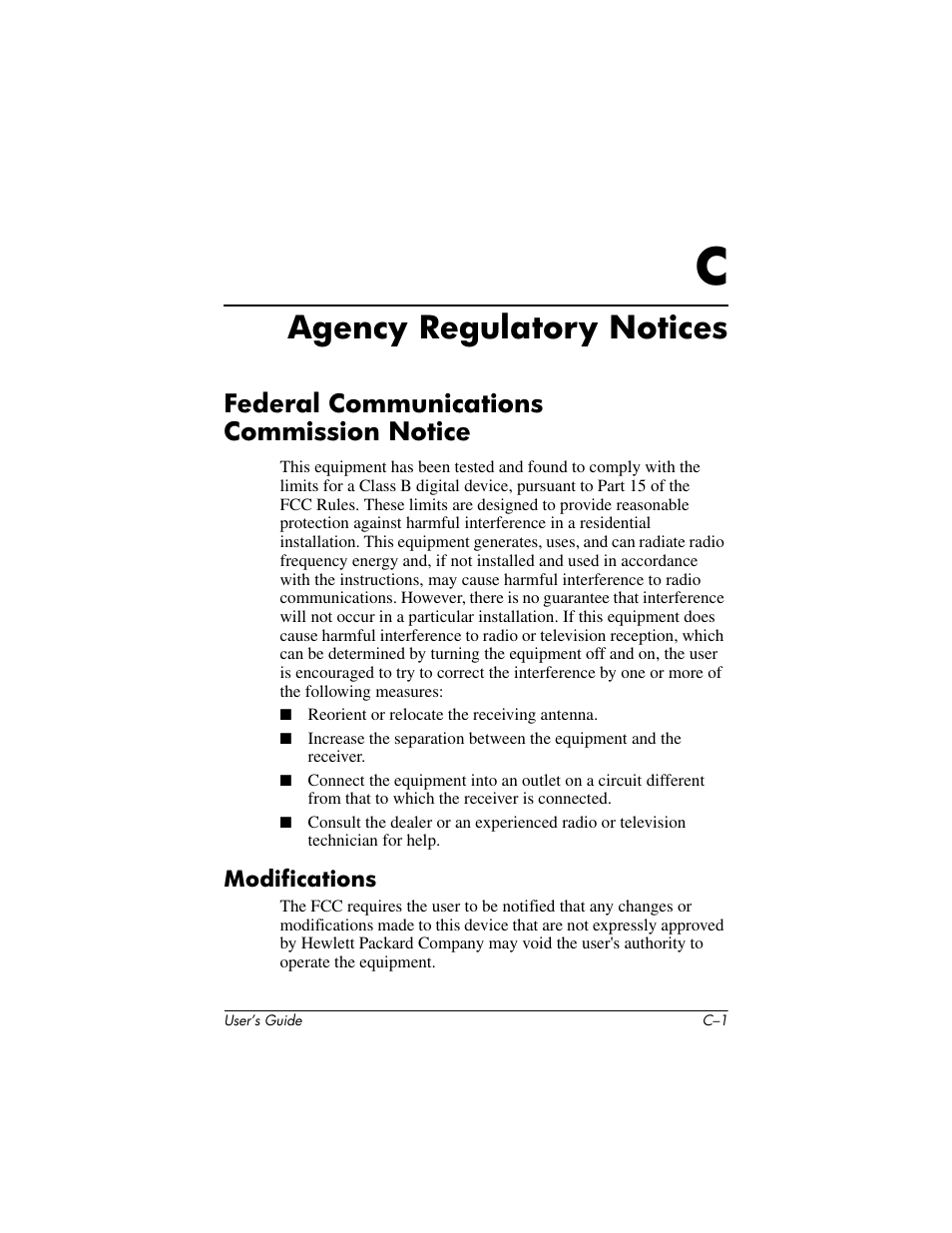 Agency regulatory notices, Federal communications commission notice, Modifications | HP Pavilion f1523 15 inch Flat Panel Monitor User Manual | Page 38 / 44