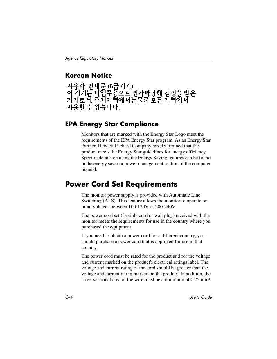 Korean notice, Epa energy star compliance, Power cord set requirements | Korean notice epa energy star compliance | HP Pavilion f1523 15 inch Flat Panel Monitor User Manual | Page 41 / 44