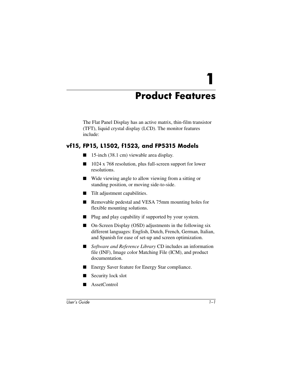 Product features | HP Pavilion f1523 15 inch Flat Panel Monitor User Manual | Page 5 / 44