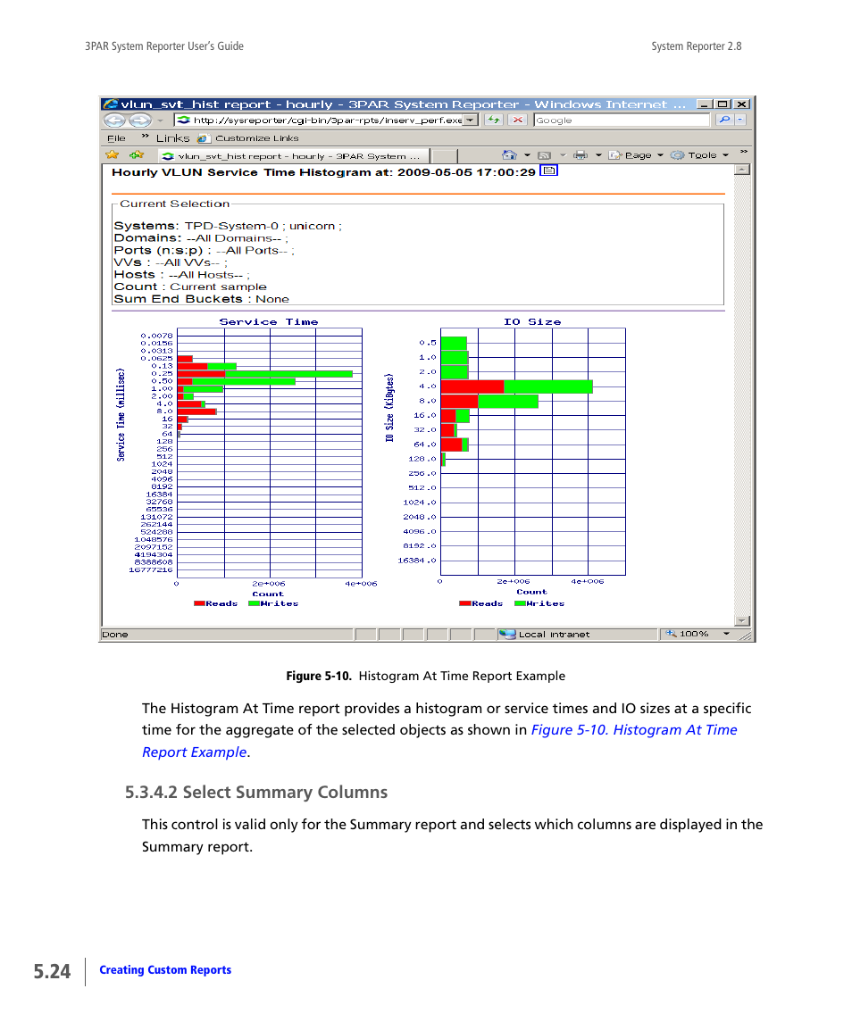 2 select summary columns, Select summary columns, Figure 5-10. histogram at time report example | HP 3PAR System Reporter Software User Manual | Page 116 / 378