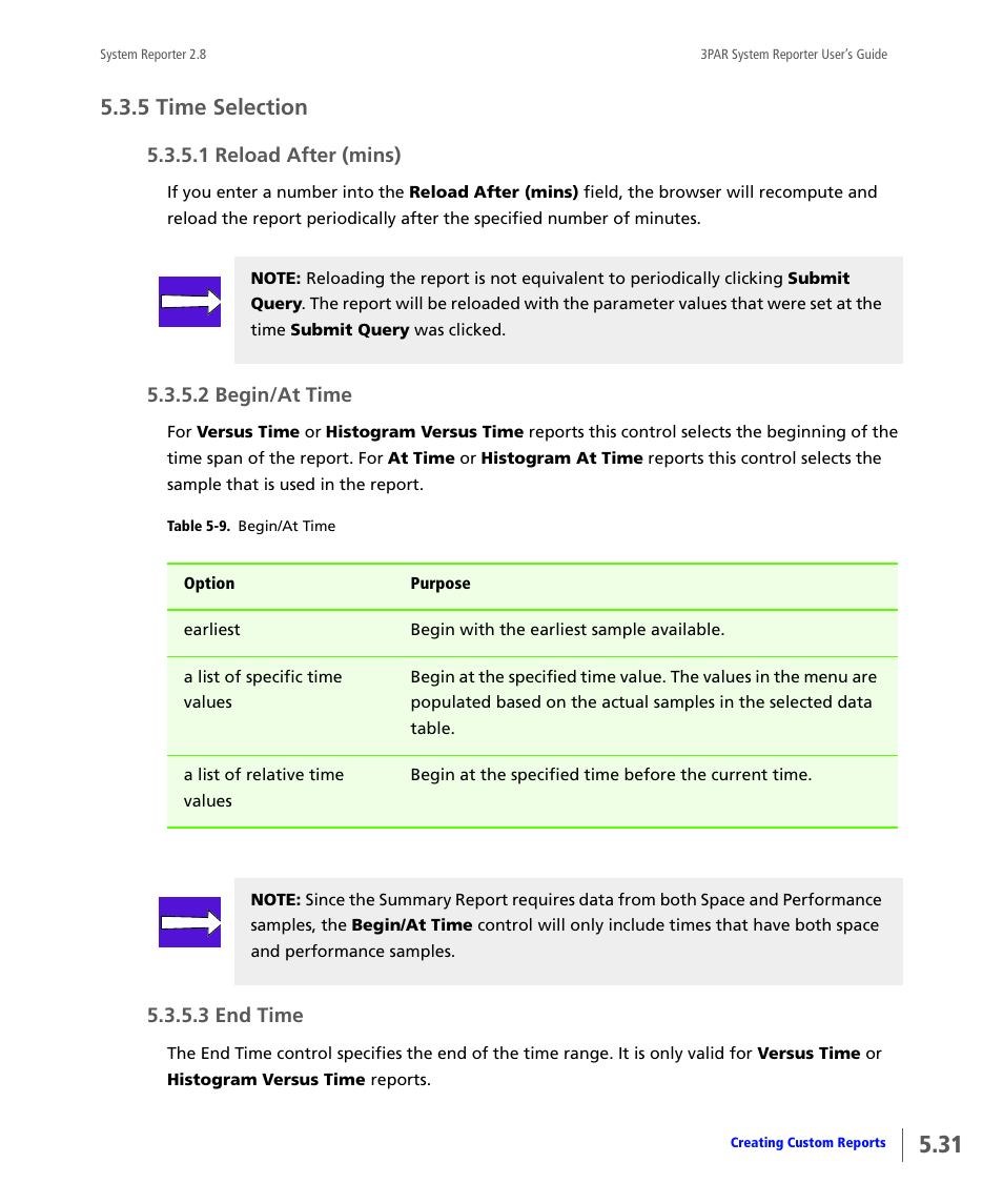 5 time selection, 1 reload after (mins), 2 begin/at time | 3 end time, Time selection, Reload after (mins), Begin/at time, End time, Rol (see, L (see on | HP 3PAR System Reporter Software User Manual | Page 123 / 378