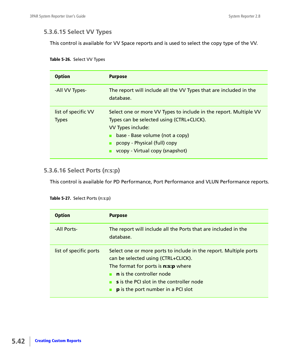 15 select vv types, 16 select ports (n:s:p), Select vv types | Select ports (n:s:p) | HP 3PAR System Reporter Software User Manual | Page 134 / 378