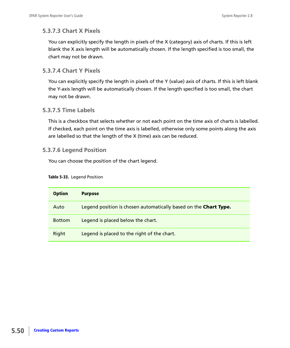 3 chart x pixels, 4 chart y pixels, 5 time labels | 6 legend position, Chart x pixels, Chart y pixels, Time labels, Legend position | HP 3PAR System Reporter Software User Manual | Page 142 / 378