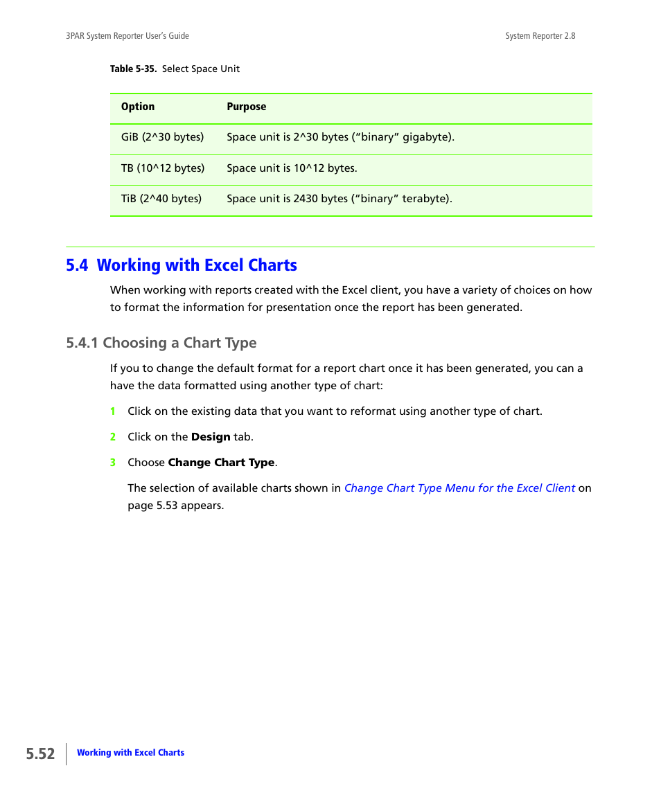 4 working with excel charts, 1 choosing a chart type, Working with excel charts | Choosing a chart type, 4 working with, Excel charts | HP 3PAR System Reporter Software User Manual | Page 144 / 378