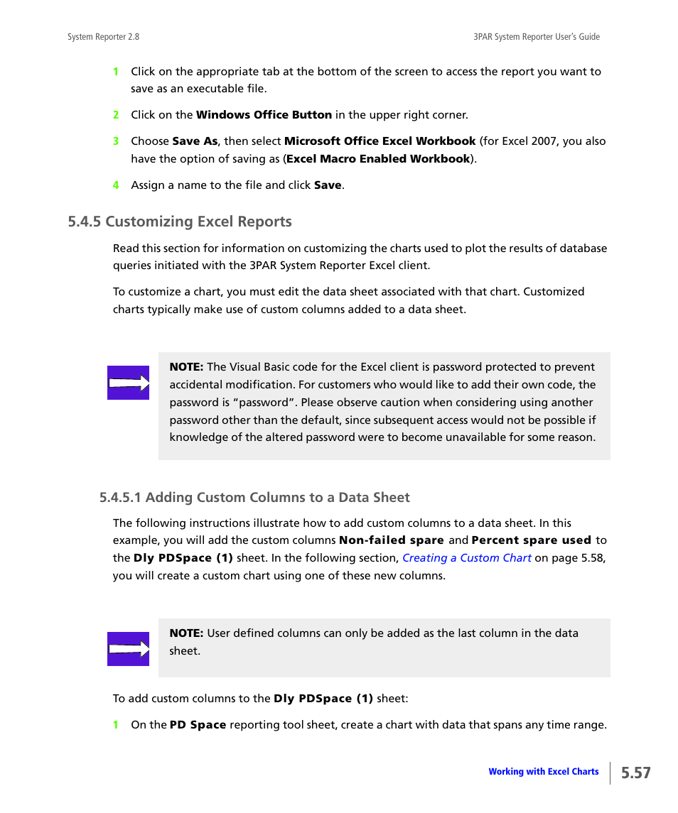 5 customizing excel reports, 1 adding custom columns to a data sheet, Customizing excel reports | Adding custom columns to a data sheet | HP 3PAR System Reporter Software User Manual | Page 149 / 378