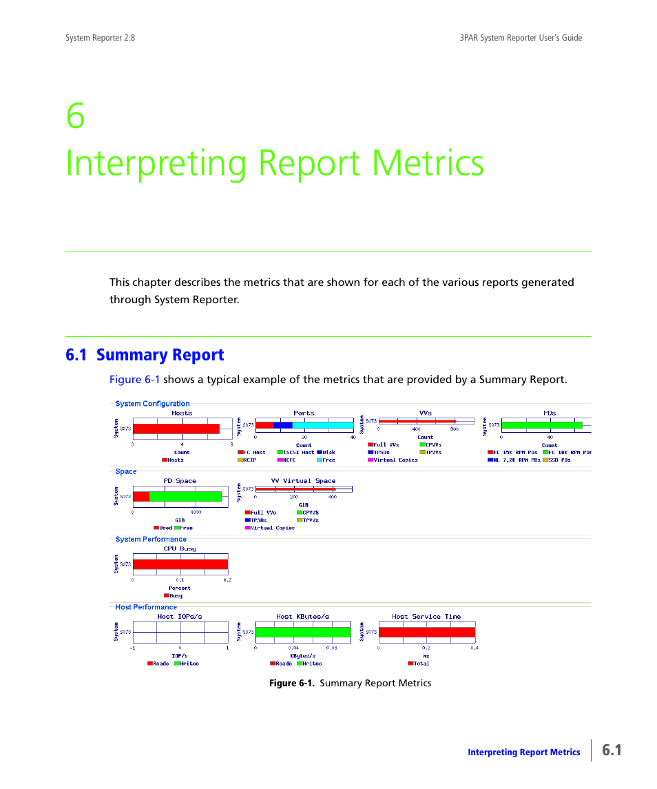 Interpreting report metrics, 1 summary report, Summary report | Chapter 6, interpreting report metrics, 6 interpreting report metrics | HP 3PAR System Reporter Software User Manual | Page 153 / 378