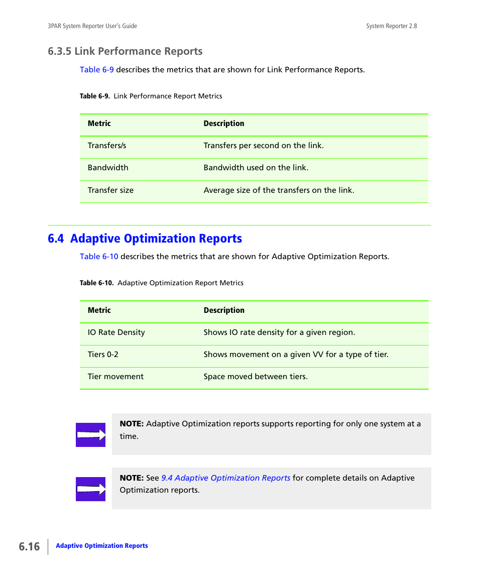 5 link performance reports, 4 adaptive optimization reports, Link performance reports | Adaptive optimization reports, Ts. see, 4 adaptive, Optimization reports | HP 3PAR System Reporter Software User Manual | Page 168 / 378