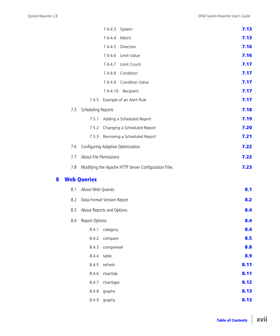 8 web queries, Xvii, 8web queries | HP 3PAR System Reporter Software User Manual | Page 17 / 378