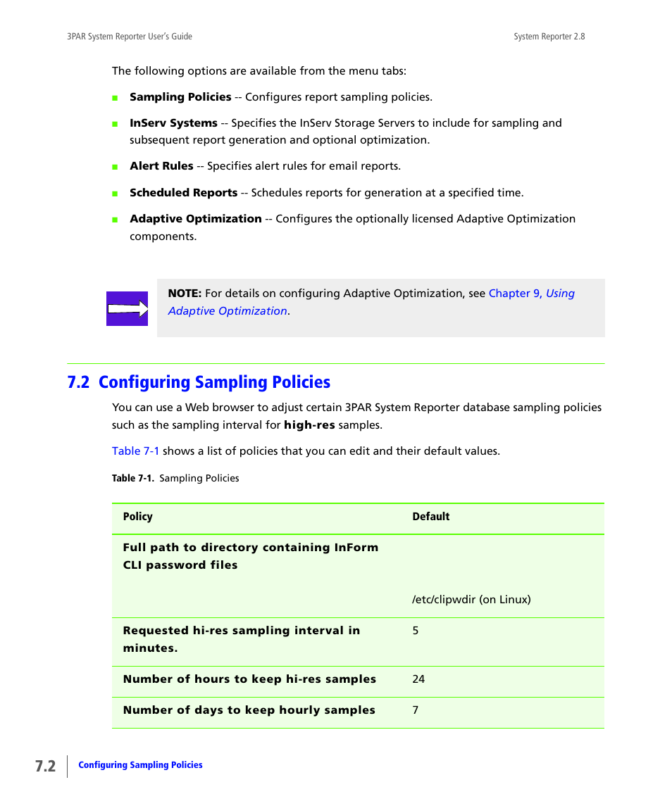2 configuring sampling policies, Configuring sampling policies, Configuring | Sampling policies | HP 3PAR System Reporter Software User Manual | Page 170 / 378