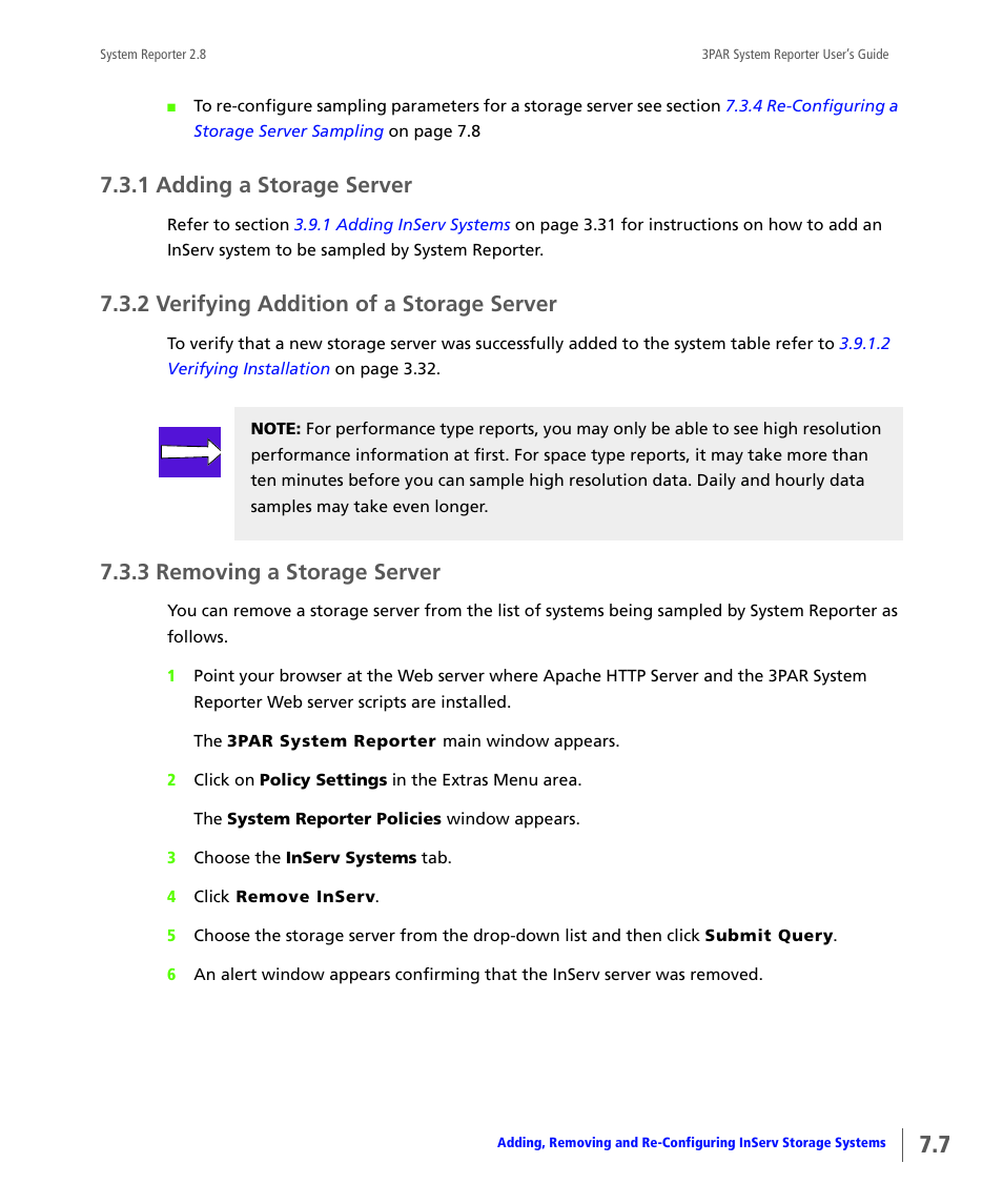 1 adding a storage server, 2 verifying addition of a storage server, 3 removing a storage server | Adding a storage server, Verifying addition of a storage server, Removing a storage server | HP 3PAR System Reporter Software User Manual | Page 175 / 378