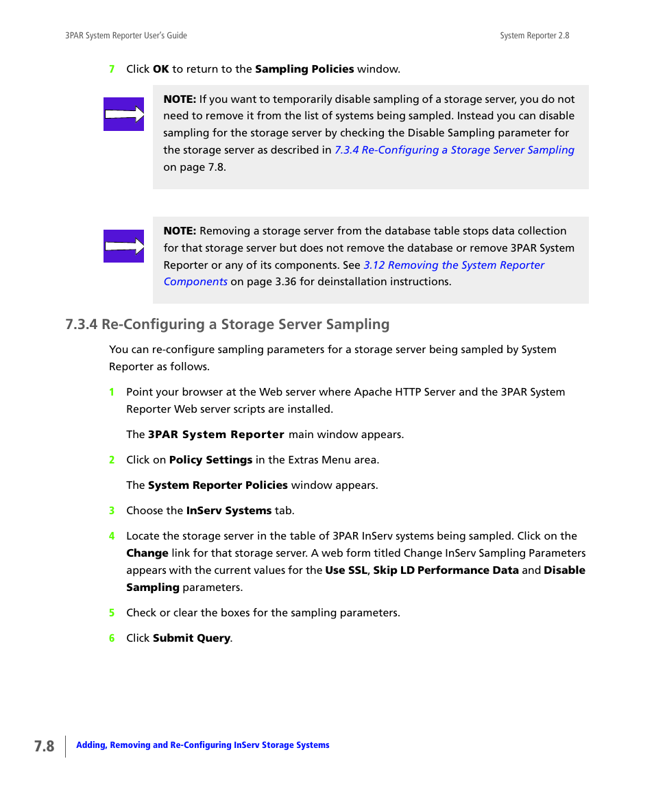 4 re-configuring a storage server sampling, Re-configuring a storage server sampling, Section | 4 re-configuring a, Storage server sampling | HP 3PAR System Reporter Software User Manual | Page 176 / 378