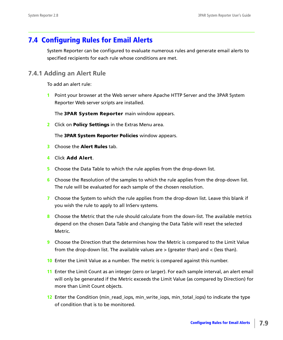 4 configuring rules for email alerts, 1 adding an alert rule, Configuring rules for email alerts | Adding an alert rule, 4 configuring rules, For email alerts | HP 3PAR System Reporter Software User Manual | Page 177 / 378