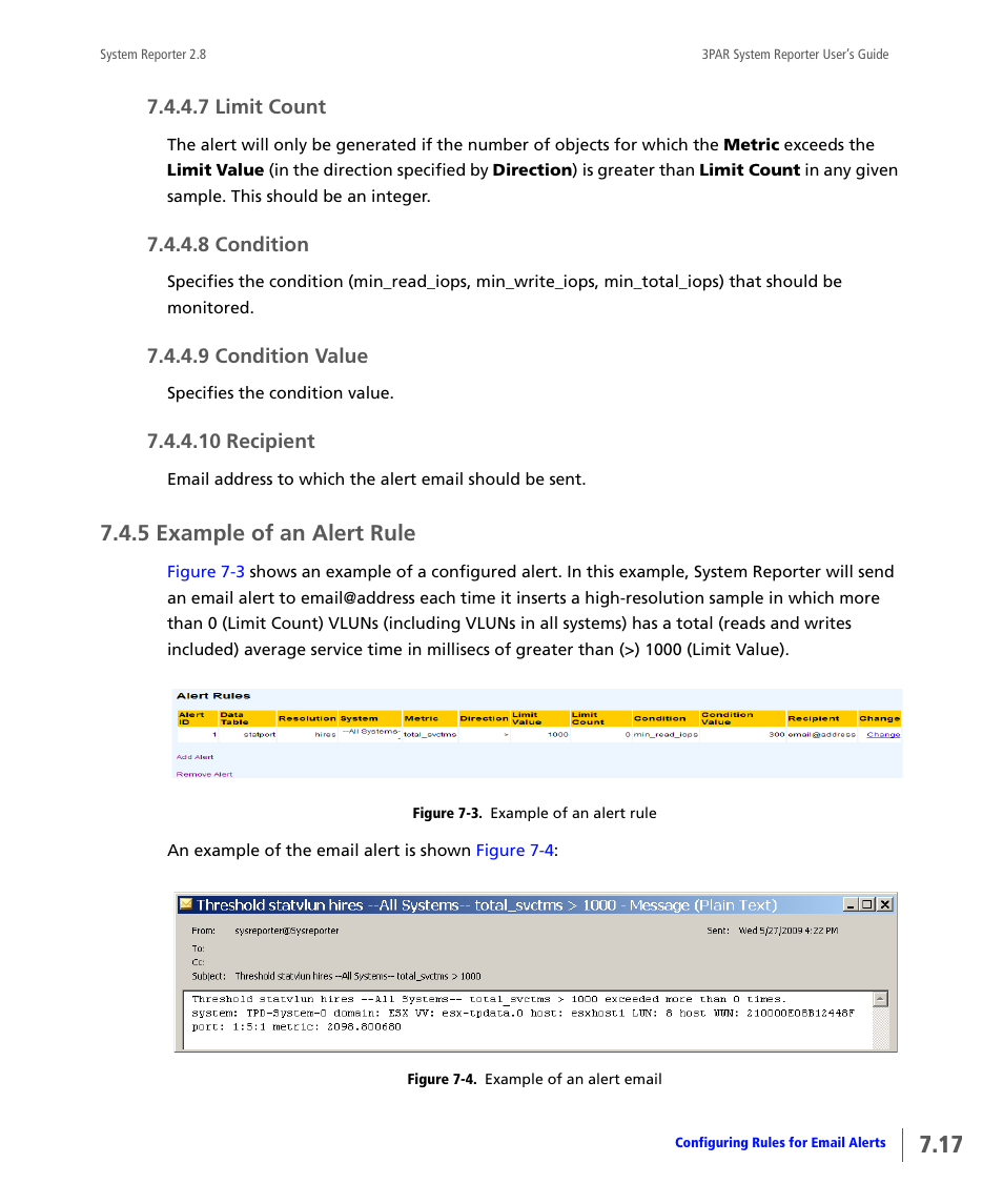7 limit count, 8 condition, 9 condition value | 10 recipient, 5 example of an alert rule, Limit count, Condition, Condition value, Recipient, Example of an alert rule | HP 3PAR System Reporter Software User Manual | Page 185 / 378