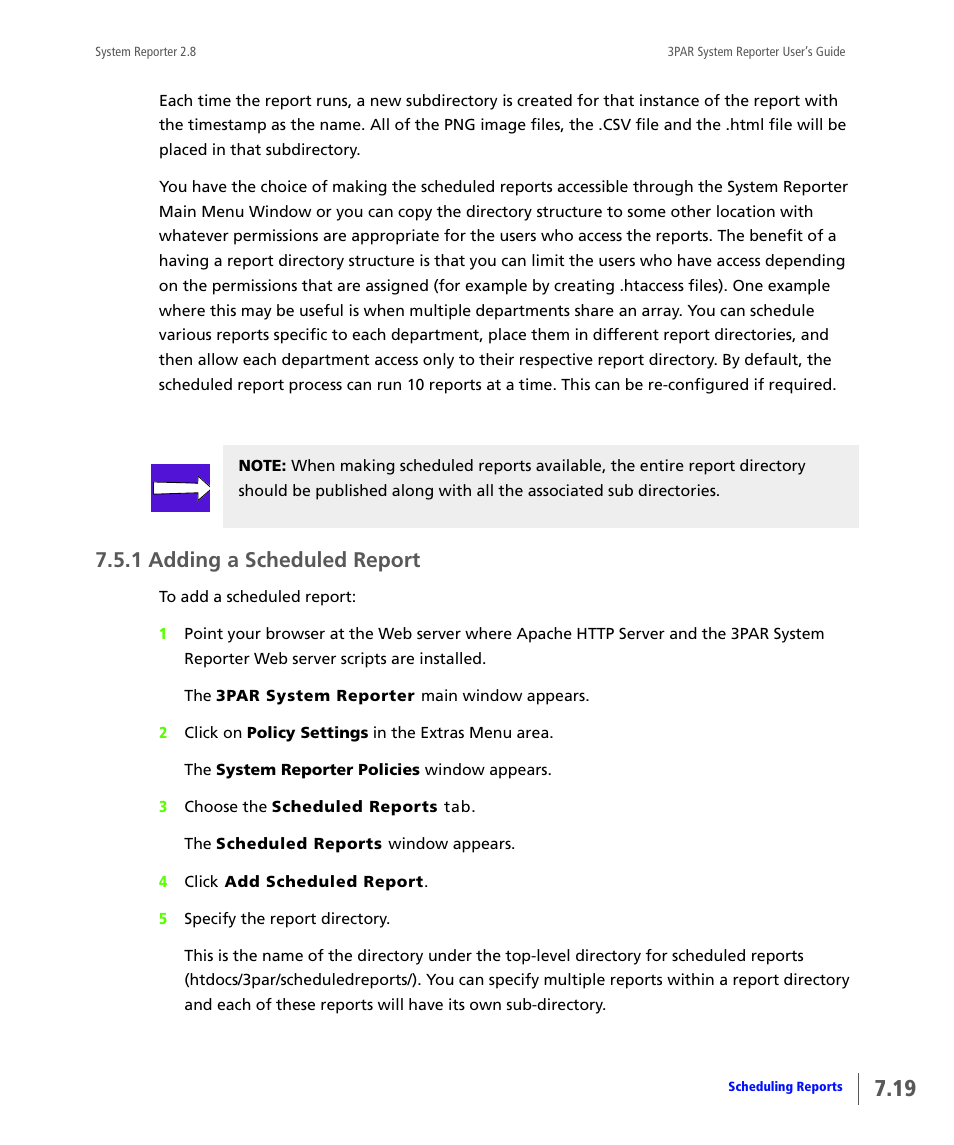 1 adding a scheduled report, Adding a scheduled report | HP 3PAR System Reporter Software User Manual | Page 187 / 378