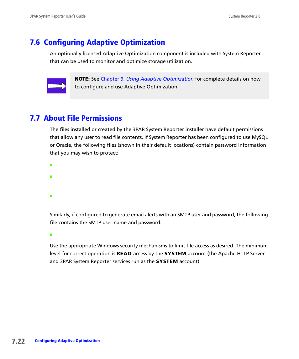 6 configuring adaptive optimization, 7 about file permissions, Configuring adaptive optimization | About file permissions | HP 3PAR System Reporter Software User Manual | Page 190 / 378