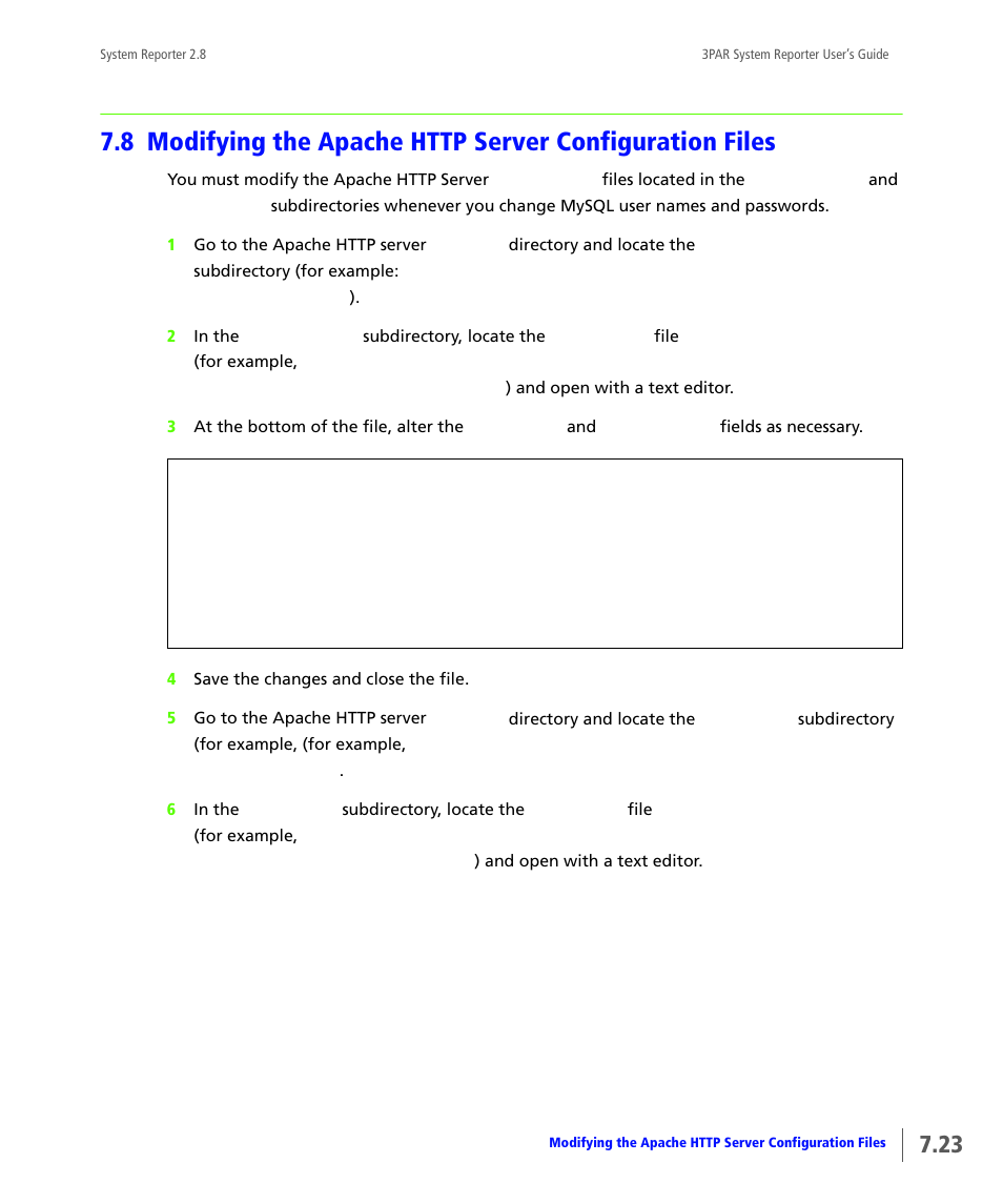 8 modifying the, Apache http server configuration files, 8 modifying | The apache http server configuration files, Modifying the apache, Http server configuration files | HP 3PAR System Reporter Software User Manual | Page 191 / 378
