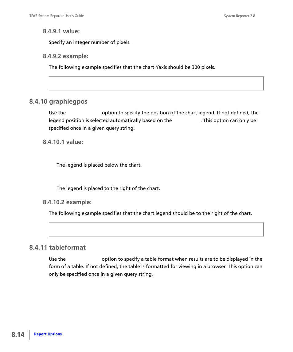 10 graphlegpos, 11 tableformat, Graphlegpos | Tableformat | HP 3PAR System Reporter Software User Manual | Page 206 / 378