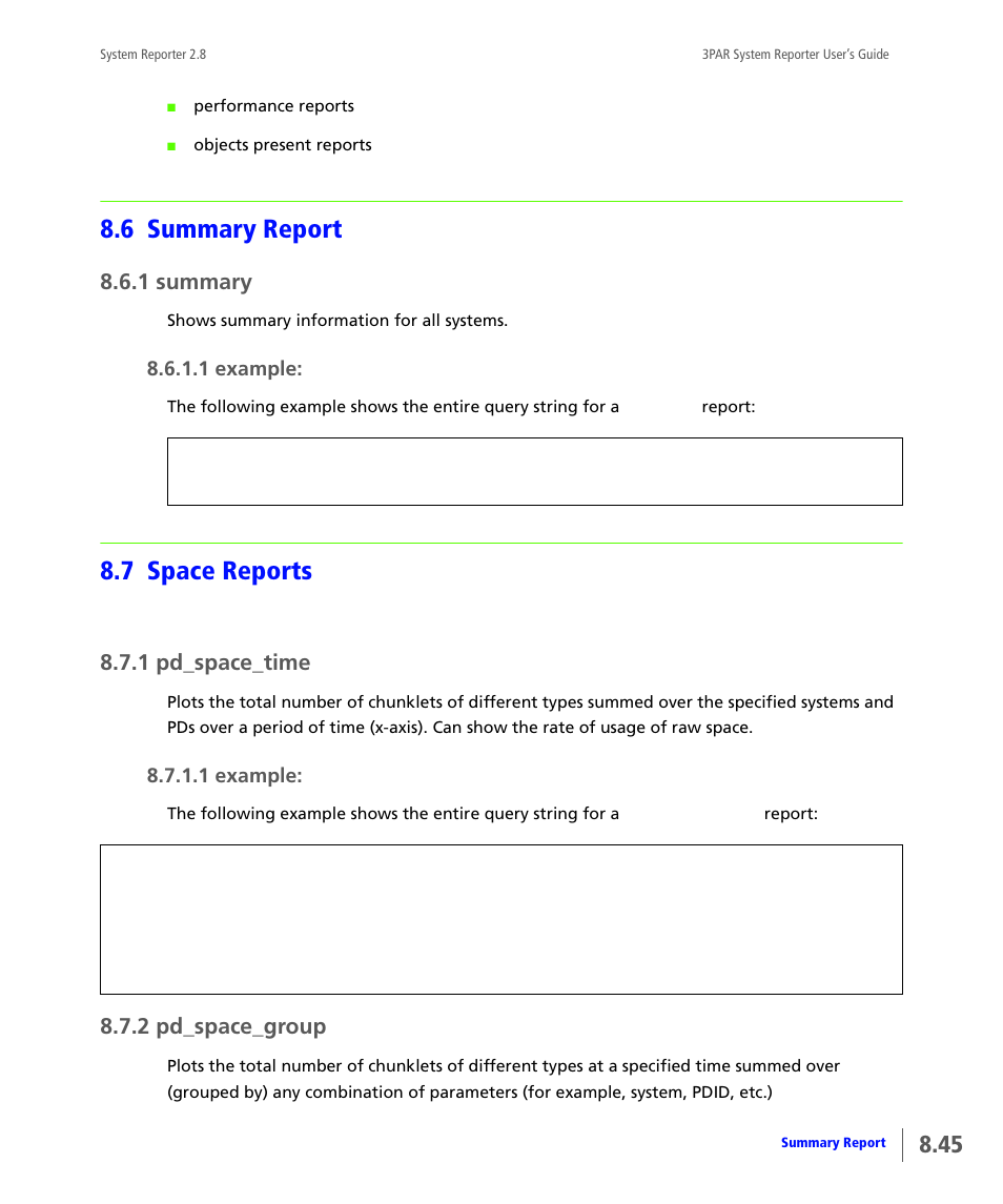 6 summary report, 1 summary, 7 space reports | 1 pd_space_time, 2 pd_space_group, Summary report, Summary, Space reports, Pd_space_time, Pd_space_group | HP 3PAR System Reporter Software User Manual | Page 237 / 378