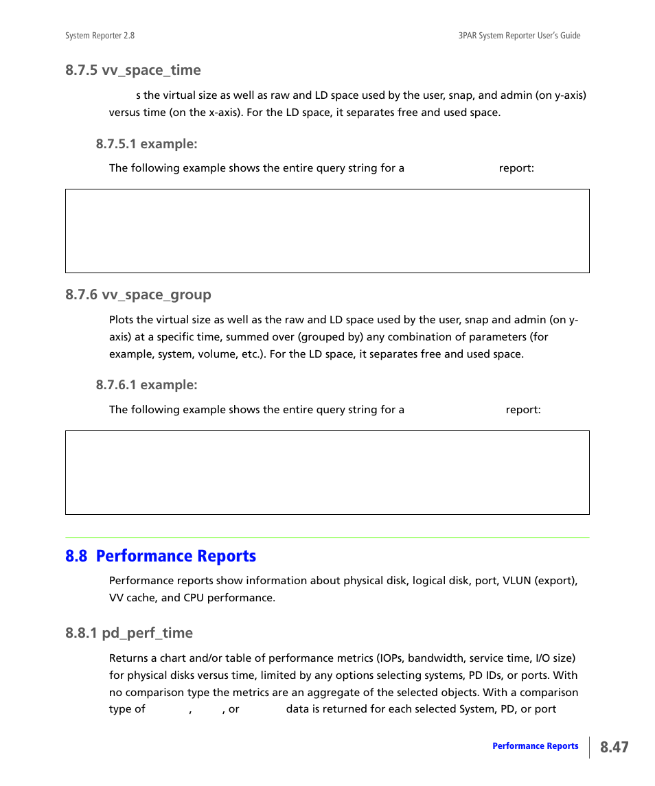 5 vv_space_time, 6 vv_space_group, 8 performance reports | 1 pd_perf_time, Vv_space_time, Vv_space_group, Performance reports, Pd_perf_time | HP 3PAR System Reporter Software User Manual | Page 239 / 378