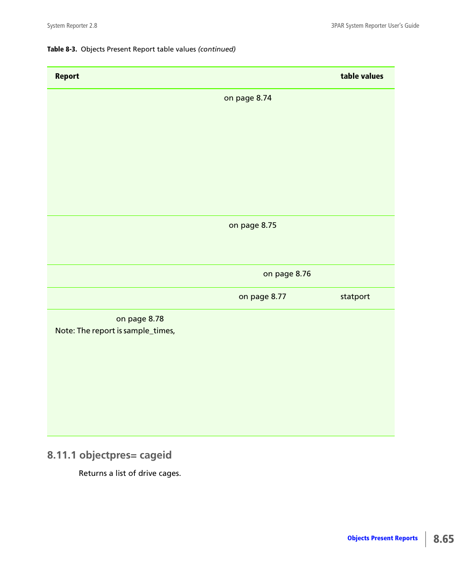 1 objectpres= cageid, Objectpres= cageid | HP 3PAR System Reporter Software User Manual | Page 257 / 378