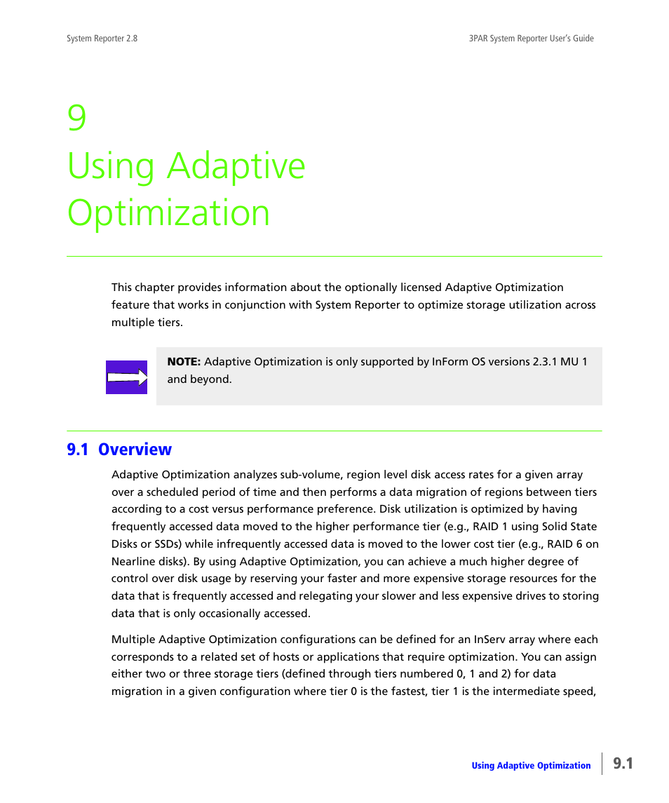 Using adaptive optimization, 1 overview, Overview | Chapter 9, using adaptive optimization, Chapter 9, using, Adaptive optimization, 9 using adaptive optimization | HP 3PAR System Reporter Software User Manual | Page 273 / 378