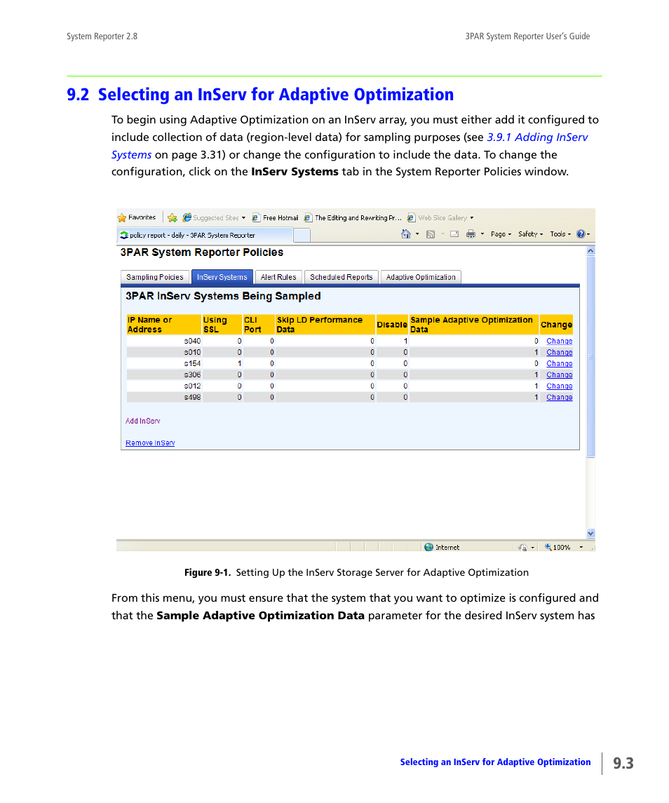 2 selecting an inserv for adaptive optimization, Selecting an inserv for adaptive optimization | HP 3PAR System Reporter Software User Manual | Page 275 / 378