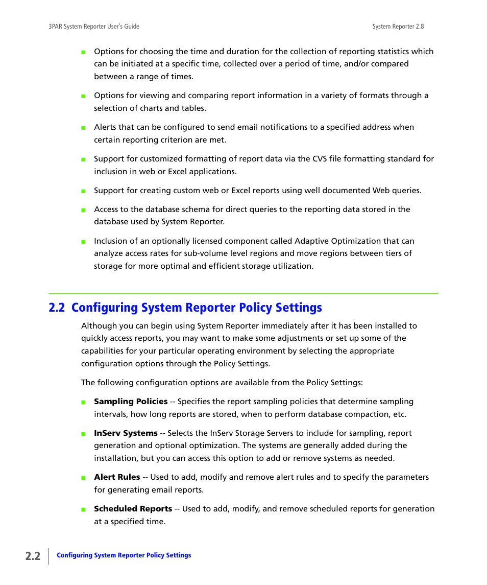 2 configuring system reporter policy settings, Configuring system reporter policy settings | HP 3PAR System Reporter Software User Manual | Page 30 / 378