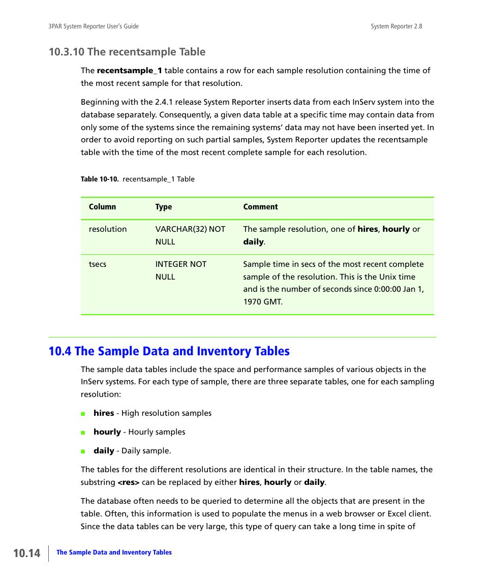10 the recentsample table, 4 the sample data and inventory tables, The recentsample table | The sample data and inventory tables | HP 3PAR System Reporter Software User Manual | Page 306 / 378