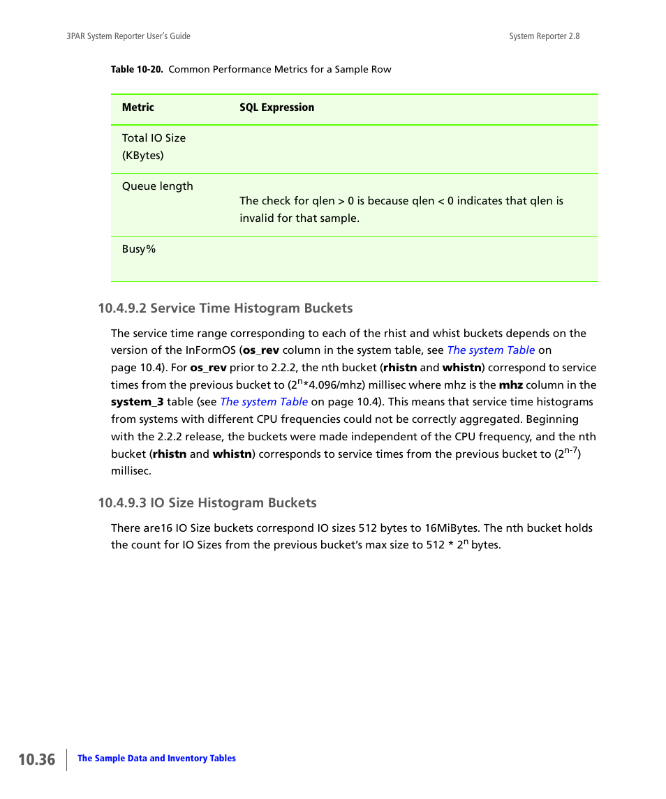 2 service time histogram buckets, 3 io size histogram buckets, Service time histogram buckets | Io size histogram buckets, Service time histogram, Buckets | HP 3PAR System Reporter Software User Manual | Page 328 / 378