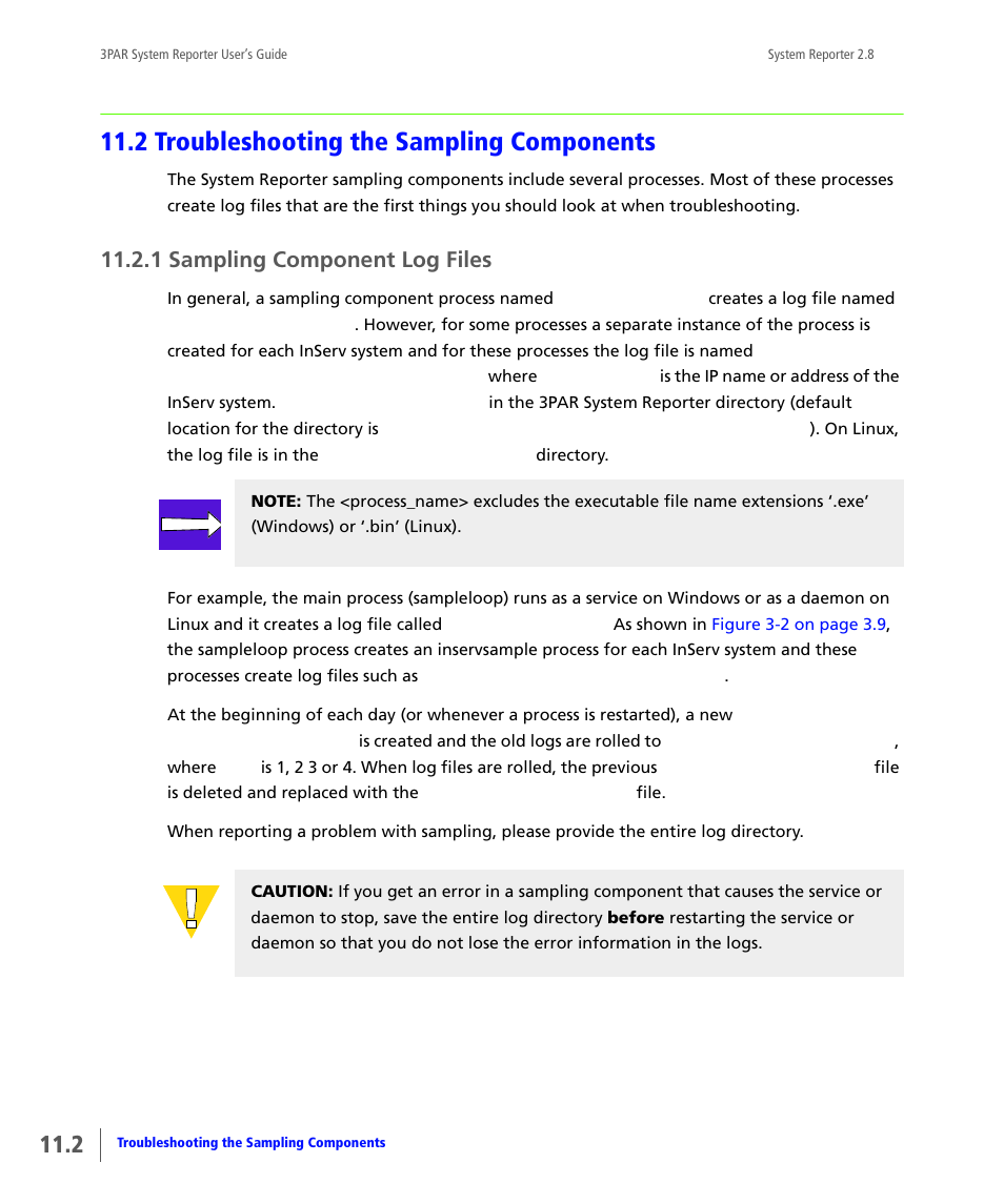 2 troubleshooting the sampling components, 1 sampling component log files, Troubleshooting the sampling components | Sampling component log files, 2 troubleshooting the sampling, Components | HP 3PAR System Reporter Software User Manual | Page 352 / 378