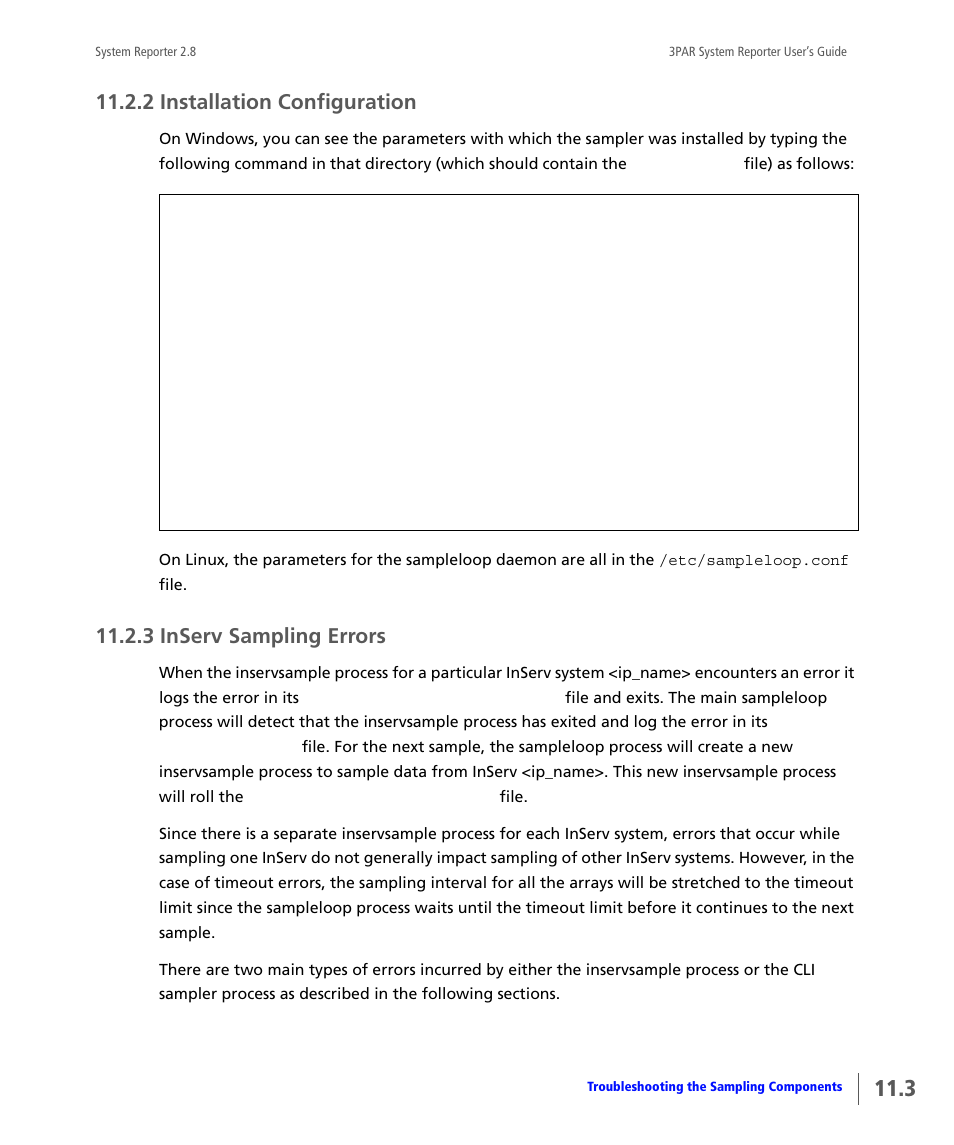 2 installation configuration, 3 inserv sampling errors, Installation configuration | Inserv sampling errors | HP 3PAR System Reporter Software User Manual | Page 353 / 378