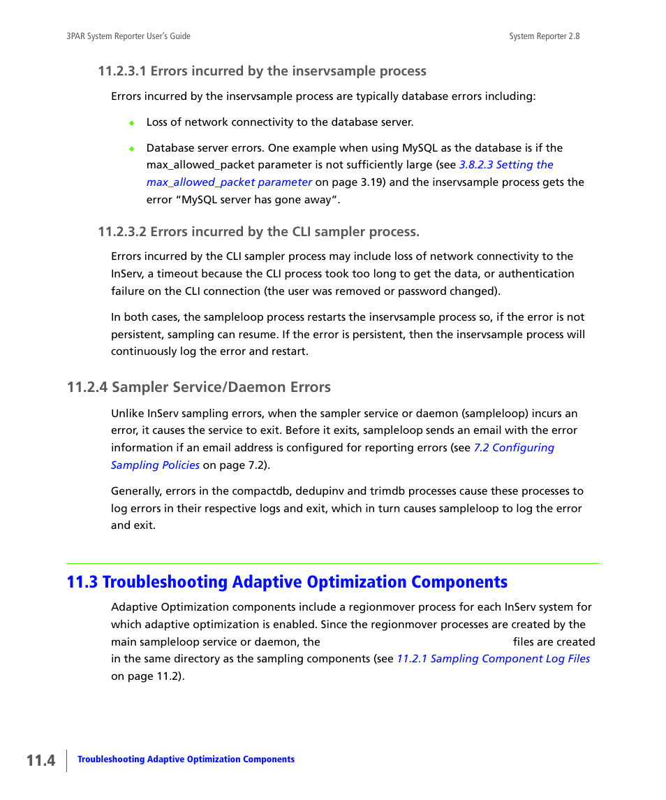 1 errors incurred by the inservsample process, 2 errors incurred by the cli sampler process, 4 sampler service/daemon errors | 3 troubleshooting adaptive optimization components, Errors incurred by the inservsample process, Errors incurred by the cli sampler process, Sampler service/daemon errors, Troubleshooting adaptive optimization components | HP 3PAR System Reporter Software User Manual | Page 354 / 378