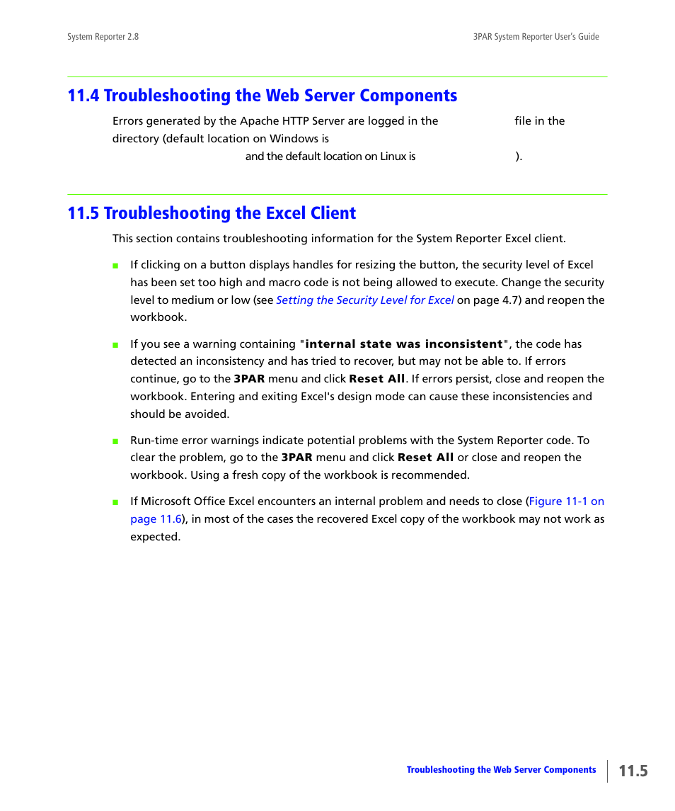 4 troubleshooting the web server components, 5 troubleshooting the excel client, Troubleshooting the web server components | Troubleshooting the excel client | HP 3PAR System Reporter Software User Manual | Page 355 / 378