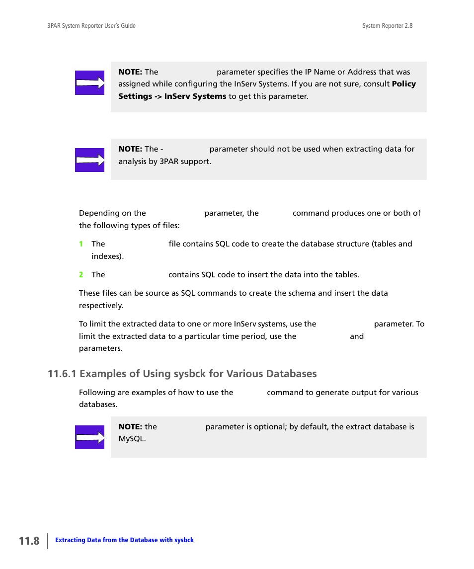 1 examples of using sysbck for various databases, Examples of using sysbck for various databases | HP 3PAR System Reporter Software User Manual | Page 358 / 378