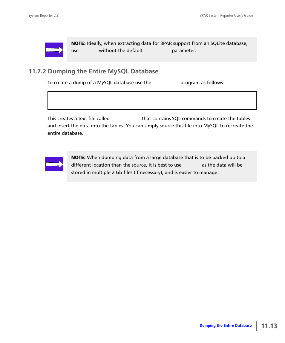 2 dumping the entire mysql database, Dumping the entire mysql database | HP 3PAR System Reporter Software User Manual | Page 363 / 378