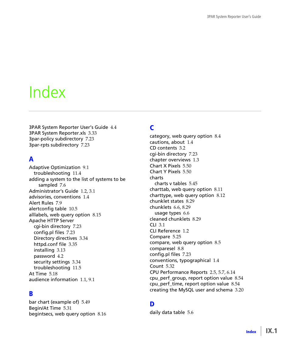 Index, Ix.1 | HP 3PAR System Reporter Software User Manual | Page 365 / 378