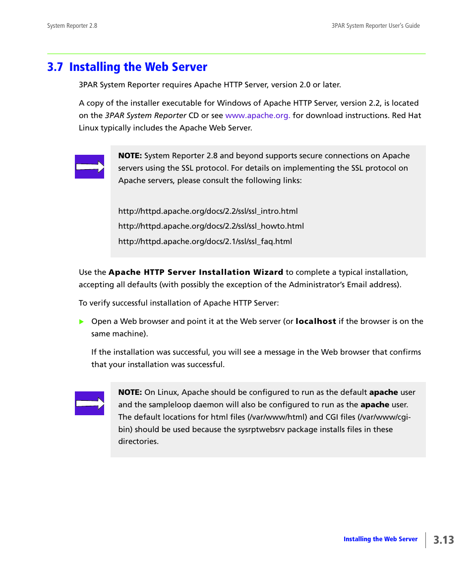 7 installing the web server, Installing the web server | HP 3PAR System Reporter Software User Manual | Page 49 / 378